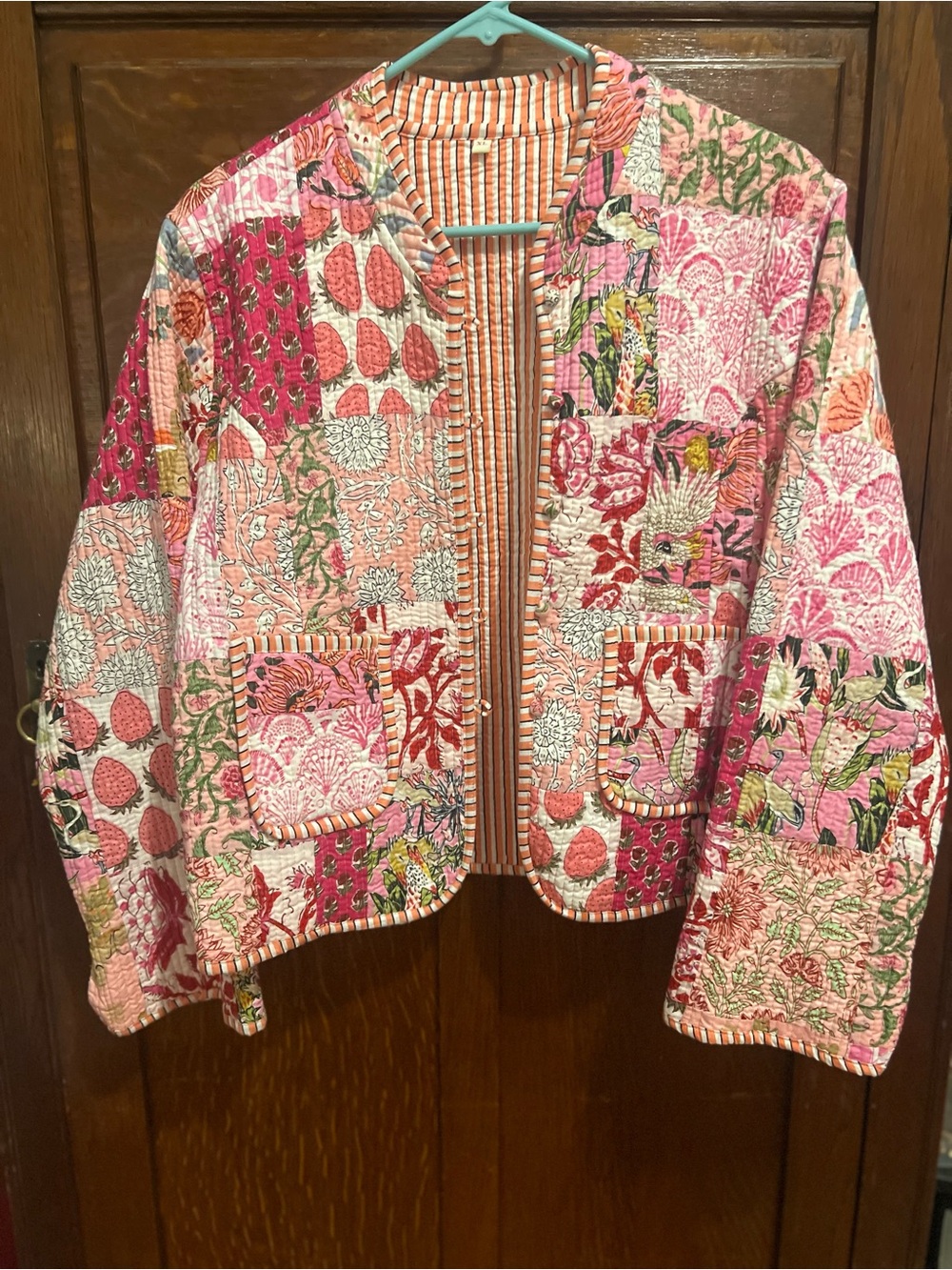 Indian Pink Patchwork Block Print Quilted Reversible Cotton Coat Jacket Blazer
